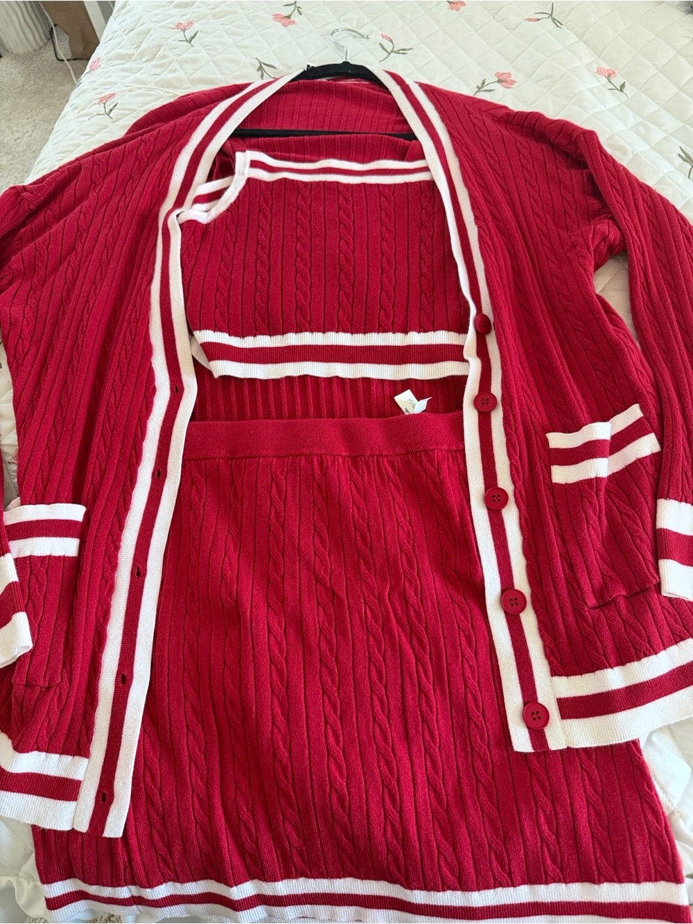 Red Cable-Knit Skirt Set with White Trim